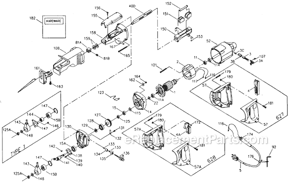 Page A Diagram and Parts List for 627 Type 3 Porter Cable Reciprocating Saw
